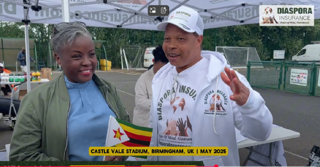 Diaspora Insurance client shares her positive experience at the Zimbabwe Inter-School Games in Birmingham 2025, holding a Zimbabwean flag alongside a Diaspora Insurance team member.