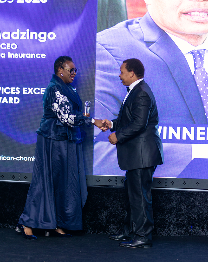 Diaspora Insurance CEO Jeff Madzingo receiving award for Financial Services Company of the year