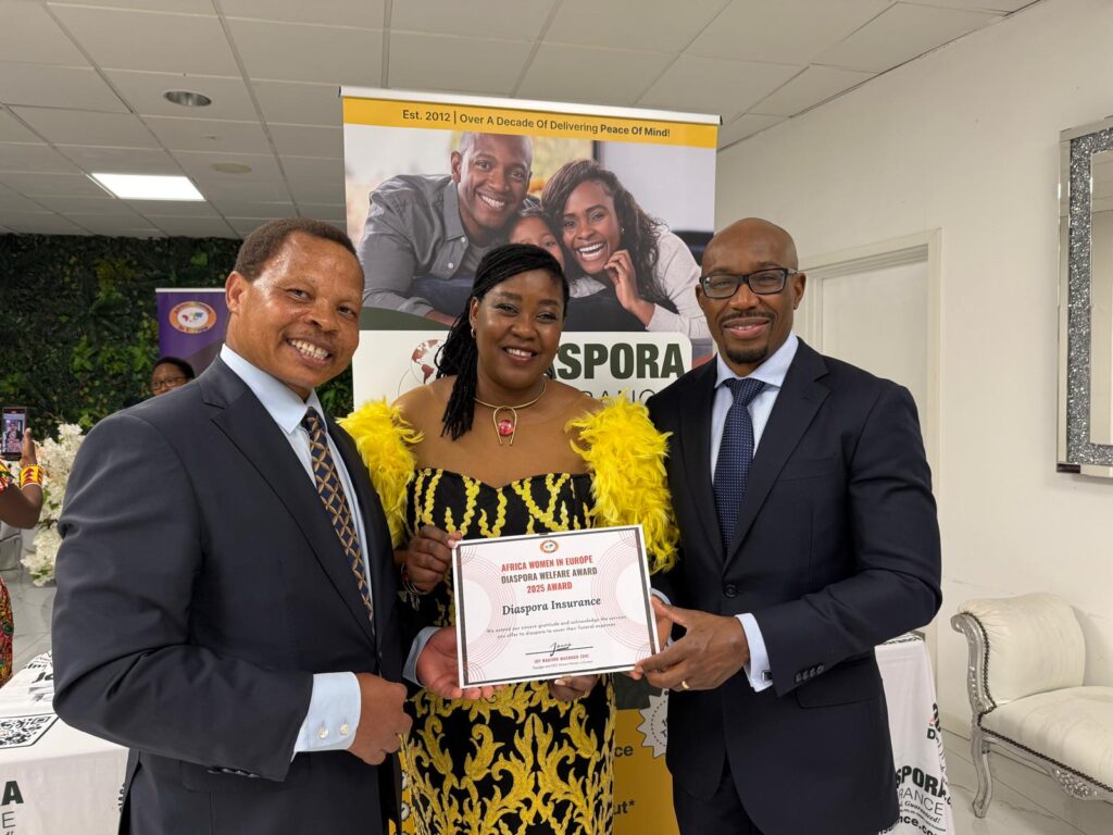 Diaspora Insurance team receives recognition at the African Women in Europe Awards 2025 for outstanding service to African diaspora communities.