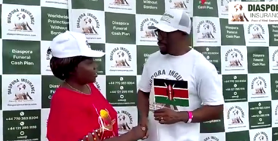 Dr. Sibert Mandega of Diaspora Insurance shakes hands with Maggie from BRIKEN Welfare Association at a community networking event, promoting funeral cover for Africans in the diaspora