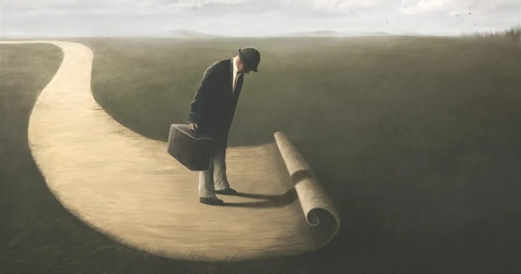 A symbolic image of a man with a suitcase unrolling his path across a misty field, representing the uncertain journey of Africans who die abroad