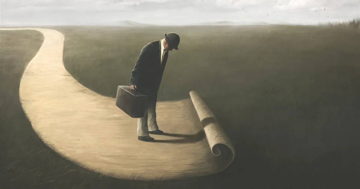 A symbolic image of a man with a suitcase unrolling his path across a misty field, representing the uncertain journey of Africans who die abroad