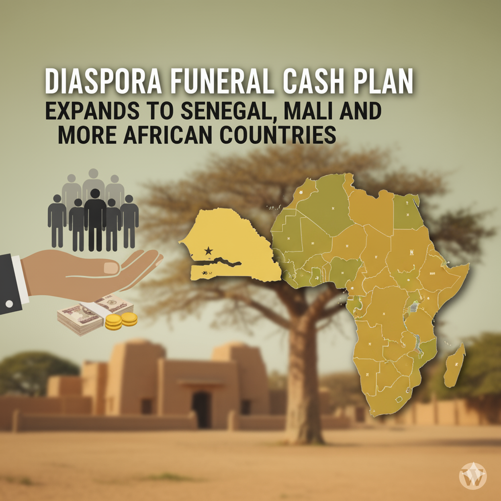 Map of Africa highlighting Senegal, Mali, Burkina Faso, Guinea, and Lesotho with a headline announcing the expansion of Diaspora Insurance funeral cash plans across more African nations.