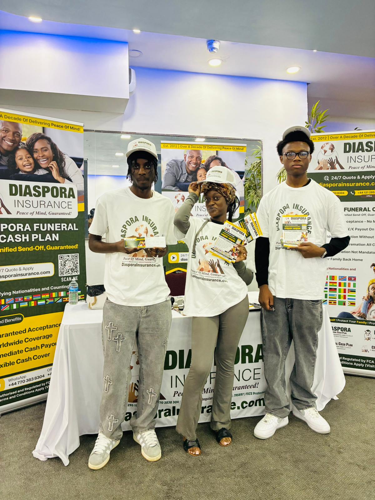 The Diaspora Insurance stand & representatives at the Uganda @ 63 Independence celebrations, promoting the Funeral Cash Plan as event sponsors.
