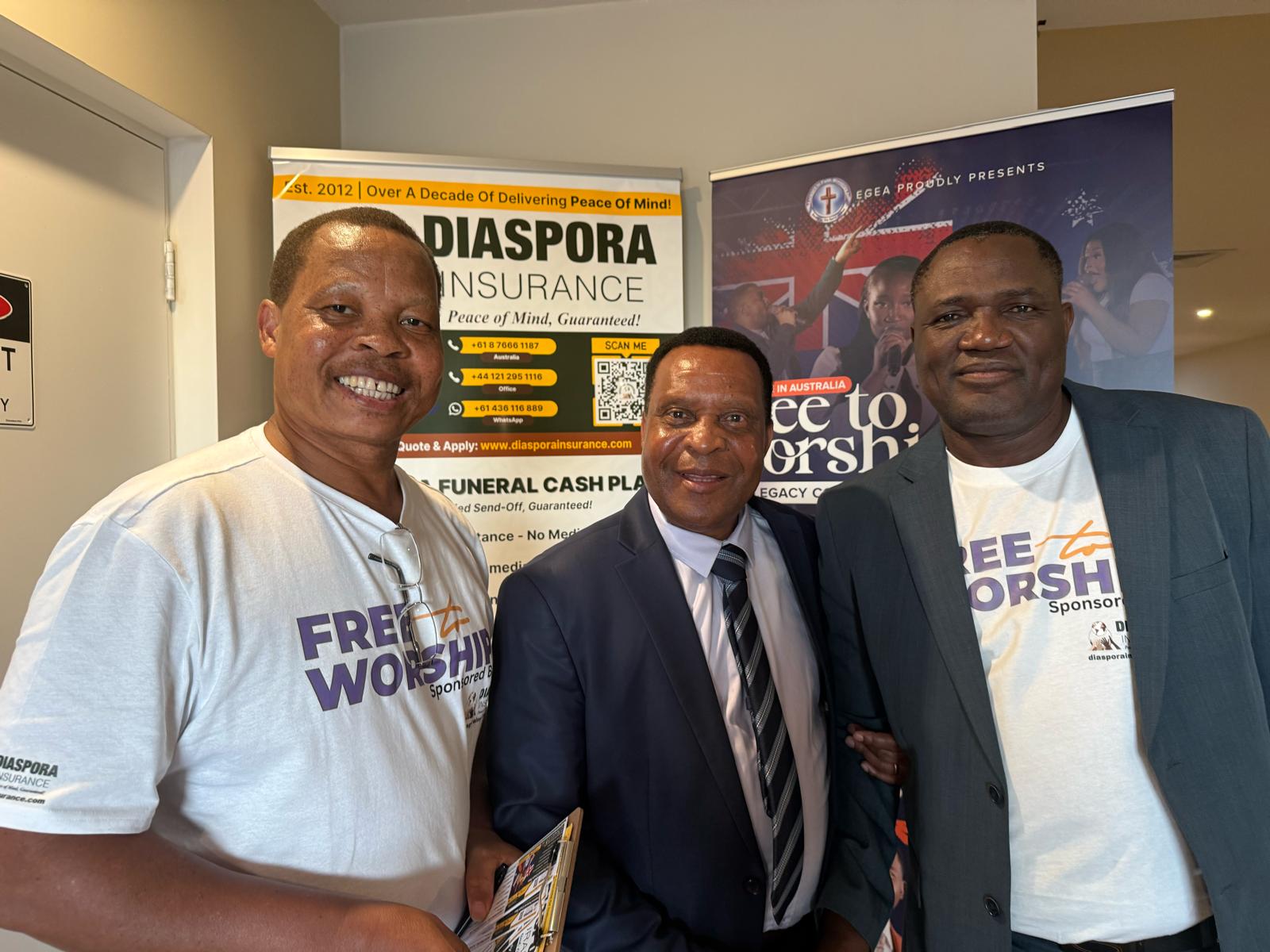 Jeff Madzingo, CEO of Diaspora Insurance, with Bishop Masaka of ZAOGA Forward in Faith and Free to Worship chairman Tawanda Sarireni at the FIFMI Australia Believers Convention ahead of the Free to Worship Legacy Concert.
