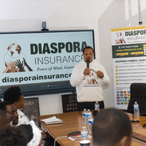 Illustration of a diaspora family looking concerned next to coins and a large cost symbol, representing the hidden costs of dying abroad and the financial burden families may face.