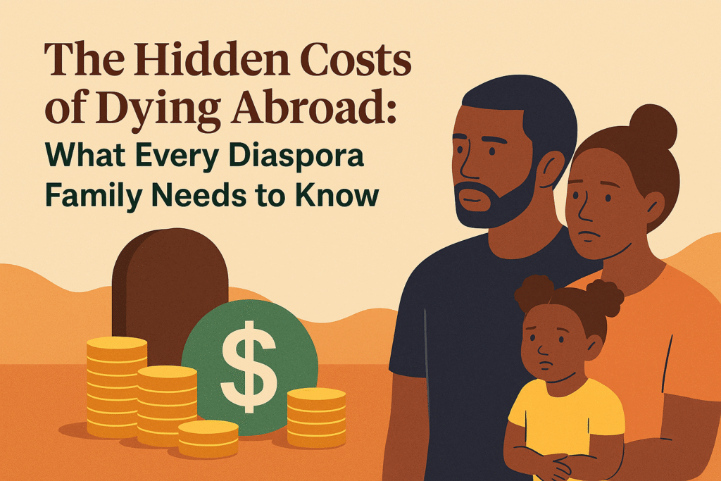 Illustration of a diaspora family looking concerned next to coins and a large cost symbol, representing the hidden costs of dying abroad and the financial burden families may face.