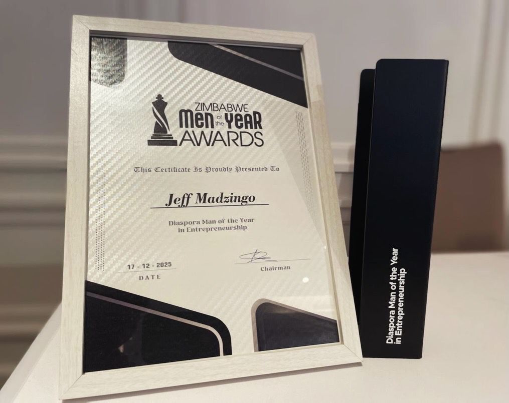 Framed Zimbabwe Men of the Year Awards certificate presented to Jeff Madzingo for Diaspora Man of the Year in Entrepreneurship.