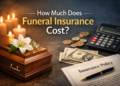 How much does funeral insurance cost? Featured image showing a coffin, candles, and financial planning tools representing funeral policy pricing