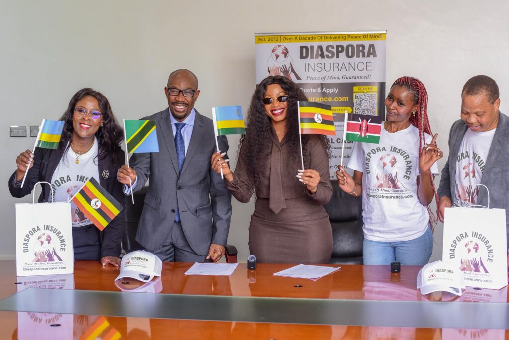 Landmark celebration: Queen Sheebah Karungi, Diaspora Insurance CEO Jeff Madzingo, and Executive Director Dr. Sibert Mandega were joined by sales executives Naomi Evans (UK) and Esther Bornefeld (Germany) to mark the signing of a landmark ambassadorship deal.